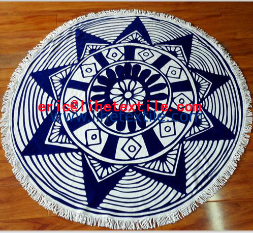 round beach towel with tassel ,reactive printed , velour ,