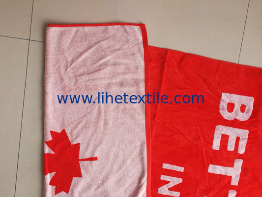 100% cotton red bath towel custom logo velour woven jacquard beach towel with logo