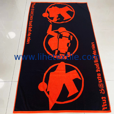 Wholesale  100% cotton jacquard bath towel custom logo orange and black velour woven jacquard beach towel