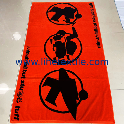 Wholesale  100% cotton jacquard bath towel custom logo orange and black velour woven jacquard beach towel