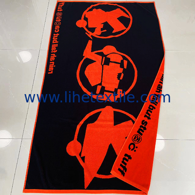 Wholesale  100% cotton jacquard bath towel custom logo orange and black velour woven jacquard beach towel
