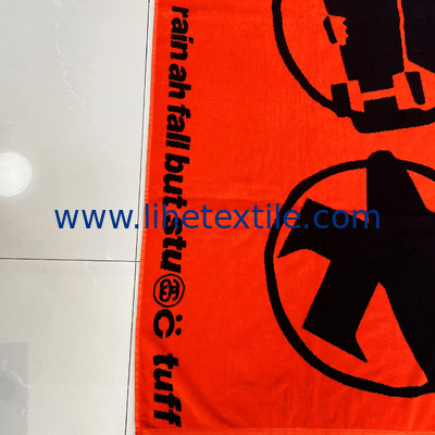 Wholesale  100% cotton jacquard bath towel custom logo orange and black velour woven jacquard beach towel
