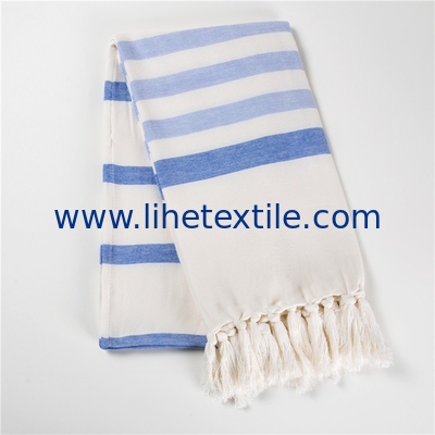 100% Cotton Turkish Tassel Beach Towel Yarn-Dyed Jacquard Blue And White Stripe Beach Towel