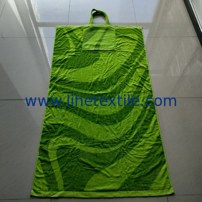 Custom 100% Cotton Jacquard Beach Towel Green And Brown 100*180CM Large Size Folding Bag Integrated Portable Backpack Tr