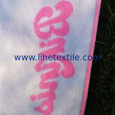 Wholesale 100% cotton velour custom design pink beach towel large over sized jacquard logo beach towel