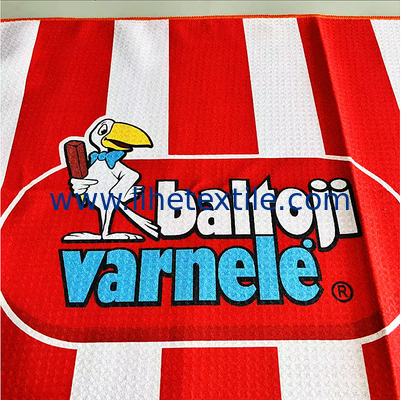 RPET recycled plastic bottle fiber custom design sand free quick dry microfiber waffle red and white stripe beach towel