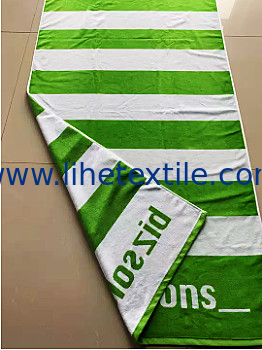 100% cotton beach towels velour custom design green and white stripe large over sized jacquard logo beach towel