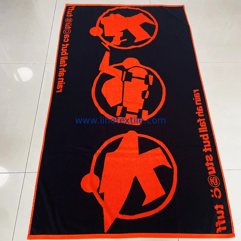 Wholesale  100% cotton jacquard bath towel custom logo orange and black velour woven jacquard beach towel