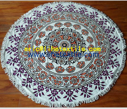 reactive printed round beach towel with decorative border , OEM design