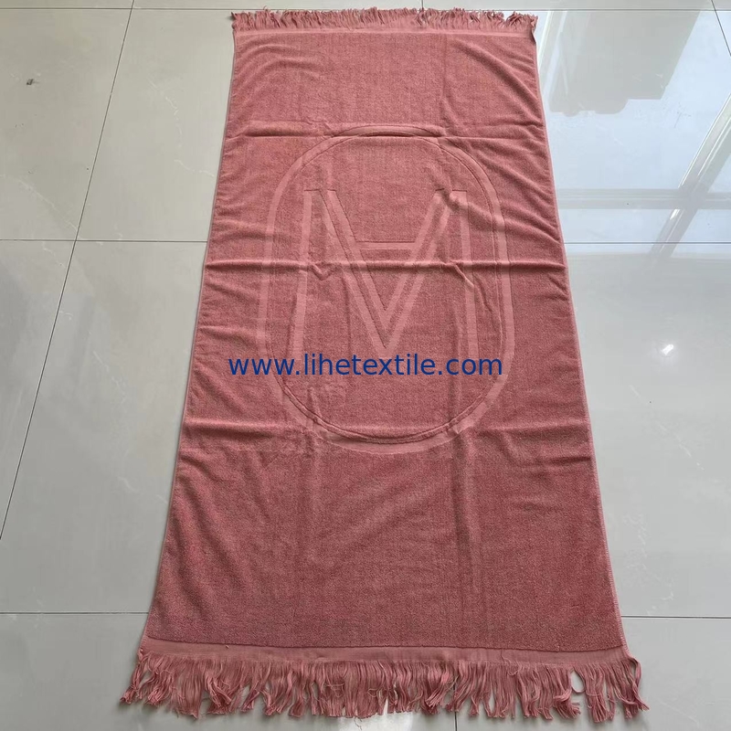 Plain Dyed Custom Pattern Beach Towel With Embossed Logo and Tassel